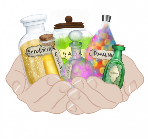 Copyrighted illustration of The Happy Brain Super Six neurochemicals