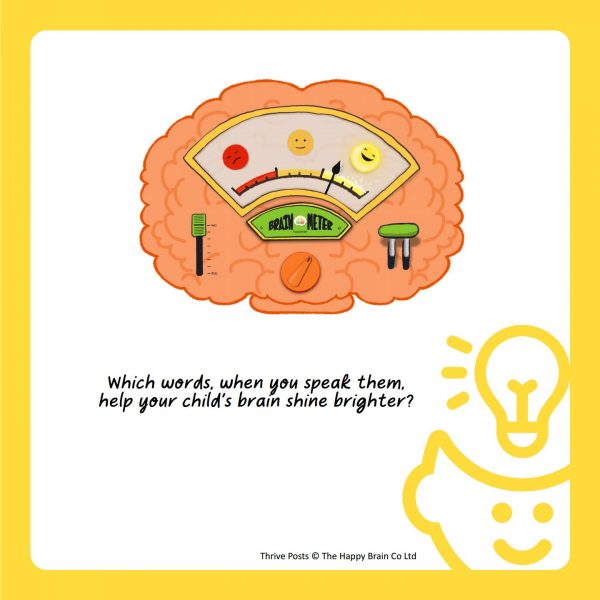 Image of brain saying which words, when you speak them, help your child's brain shine brigther?