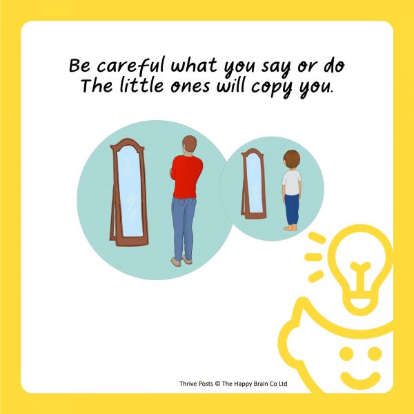Image of two people looking into a mirror, saying be care what you say or do, little ones will copy you.